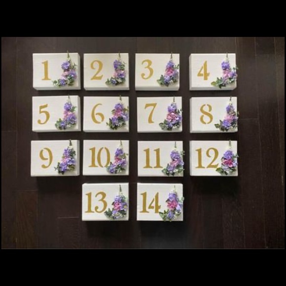 Wedding table numbers - white wood, gold and floral - Picture 1 of 3